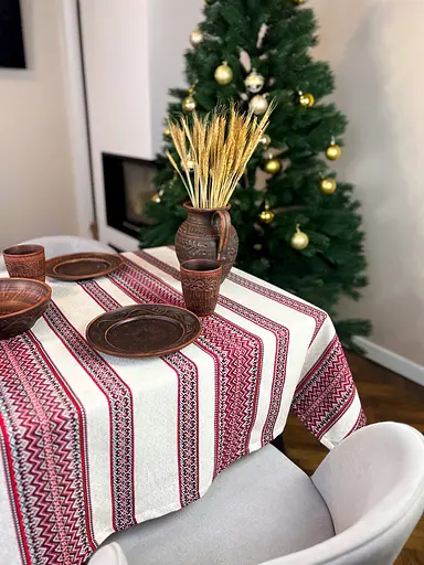 Лляна скатертина різдвяна з українським орнаментом "Рандеву червоний" - 150х110 см - фото 12