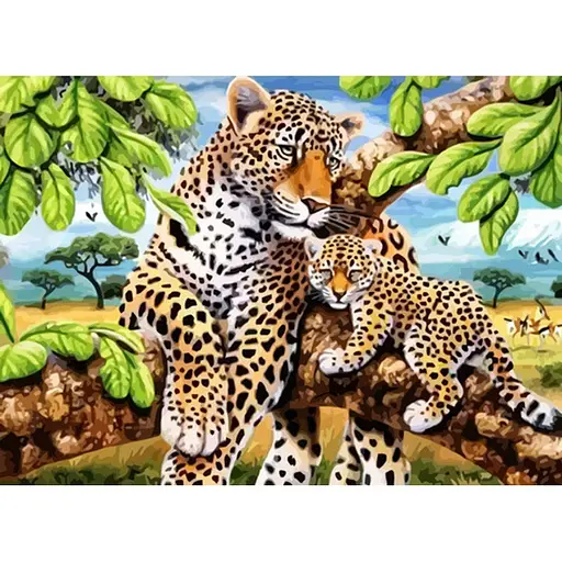  Алмазна мозаїка Strateg Леопард з дитинчатою 50х65 см без підрамника (SGK76327) - фото 1