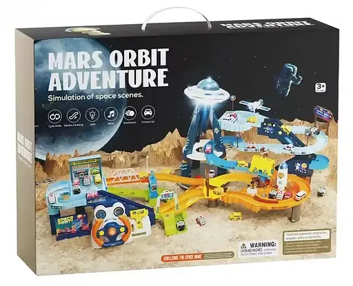 Трек T 918 A “Космічна станція”, електричні підіймачі, світло, звуки, пісні англійською, 6 машинок, від батарейок, 2в1, в коробці (6967132400075) - фото 1