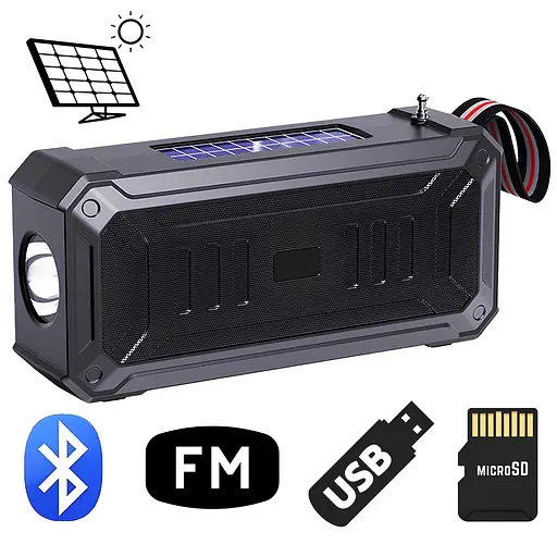 Многофункциональный портативный FM радиоприемник / Bluetooth-колонка с аккумулятором, солнечнеая панель