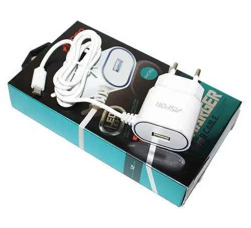 Мережевий зарядний пристрій Aspor A802 Plus білий, 1xUSB, 2.4A, кабель MicroUSB, LED-підсвічування - фото 1