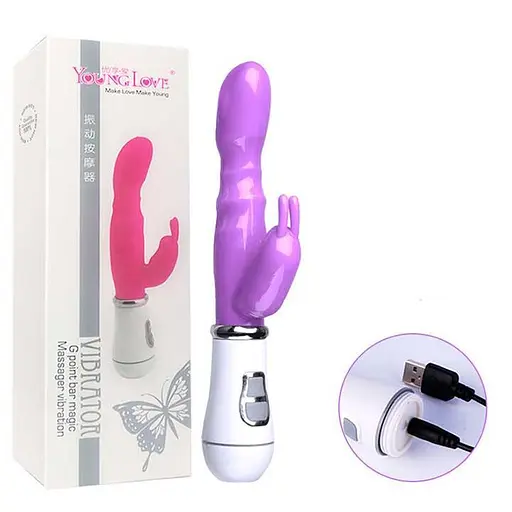 Вібратор кролик з вушками комбінований 26 см USB для жінок фіолетовий - фото 2