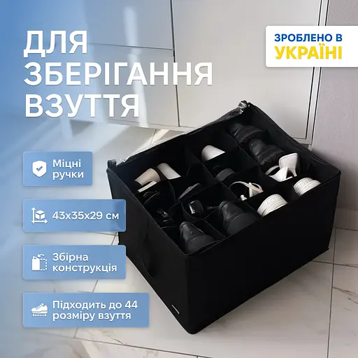 Органайзер-коробка ORGANIZE  для взуття на 8 пар до 44 розміру 43*35*29 см (чорний) - фото 1