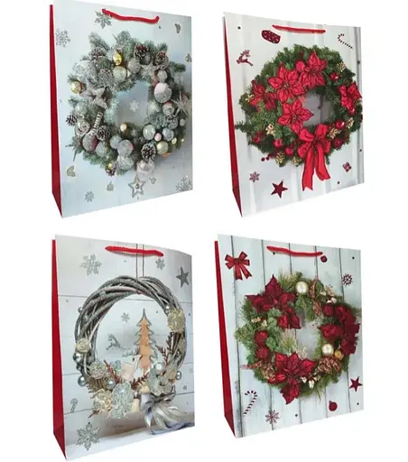 Набір подарункових пакетів Різдвяний вінок, картон, 26x32x10 см, 6 шт. в упаковці, BL2402-117