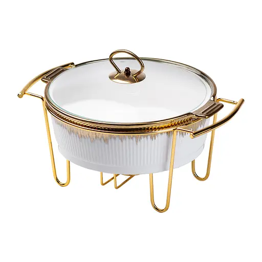Мармит круглый 1.5 литра настольный с подогревом для блюд керамический на металлической подставке с крышкой Белый с золотым - фото 2