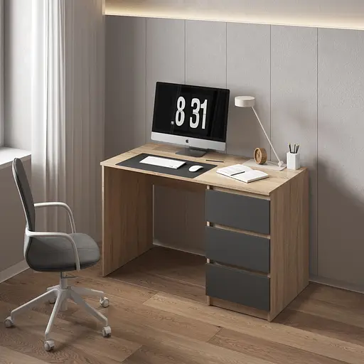 Комп'ютерний стіл Vays, письмовий, сучасний, з тумбою справа, 3 шухляды з фасадами без ручок R-1 Дуб сонома-Антрацит фасаду