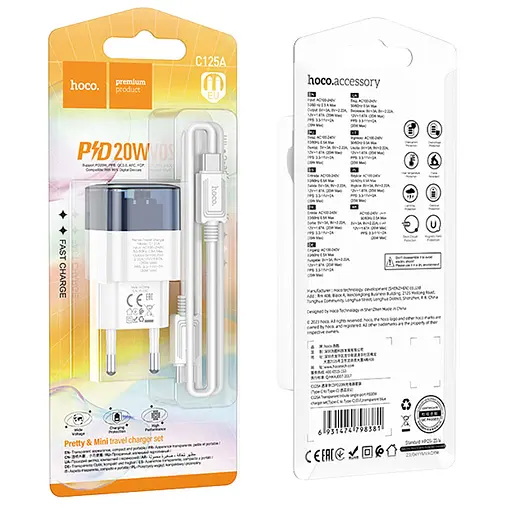 МЗП Hoco C125A Transparent PD20W (1USB-C) + кабель Type-C to Type-C Transparent blue - фото 5
