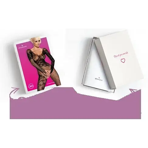 Бодистокинг Obsessive Bodystocking F210 S/M/L Black, рукава-митенки, сетка, цветное кружево - фото 7