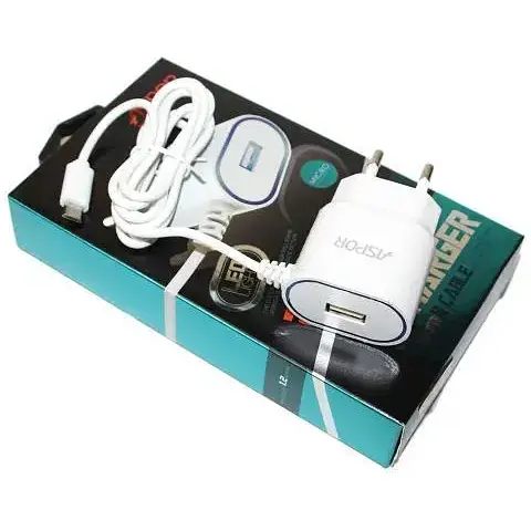 Сетевое зарядное устройство для Aspor A802 Plus белый, 1xUSB, 2.4A, кабель MicroUSB, LED-подсветка - фото 1