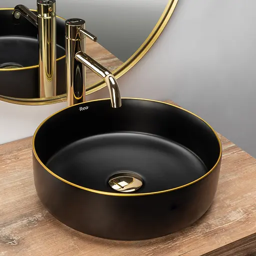 Умивальник Rea Sami black mat gold edge чорний REA-U0595, Чорний матовий - фото 2