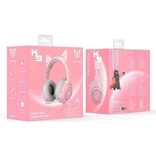 Накладні навушники Onikuma Gaming CAT with LED K9 7.1, USB, 2x3.5mm, 2.2m, pink - фото 11