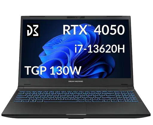 Ноутбук Dream Machines 15.6 RG4050-15UA61 1920x1080 IPS 144Hz/Intel Core i7-13620H/16GB/1TB/RTX 4050 6GB/DOS/Black (RG4050-15UA61) - фото 1