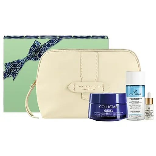 Набір для жінок Collistar Futura: Крем для обличчя 50 мл + Засіб для видалення макіяжу 35 мл + Краплі для обличчя 5 мл + Косметичка