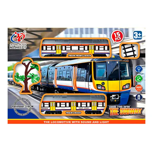 Железная дорога, 318 см, локомотив, 1 вагон, звук, свет, дерево, 15 деталей, на батарейках, 36x25x6.5 см