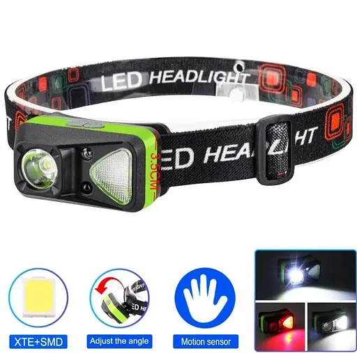 Налобний ліхтар з білим та червоним світлом W-18 з датчиком руху акумуляторний яскравий потужний ліхтарик на голову - фото 3