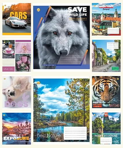 Зошити учнівські 60 аркушів клітинка Люкс 11631 Мікс 8, 10 шт. в упаковці