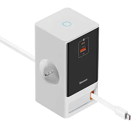 МЗП Baseus OS PowerCombo Digital PowerStrip+Retractable-C 65W (1USB-A/1C/2Socket) (1.5m) (PSLR000) Glacier White - фото 2
