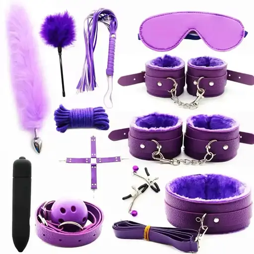 Эротический набор БДСМ для ролевых игр фиолетовый, черный, розовый, красный12 предметов  - фото 3