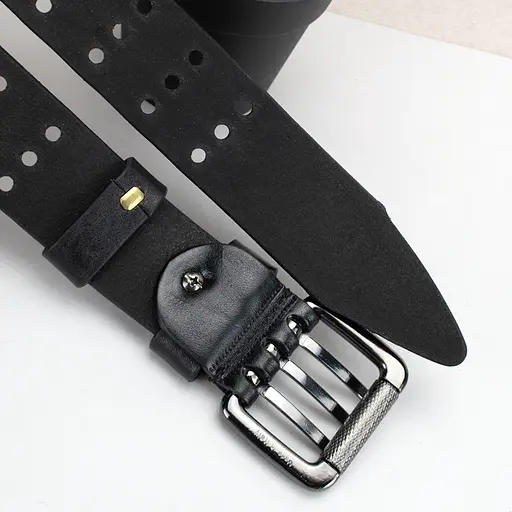 Ремінь чоловічий шкіряний широкий JK-4027 чорний з трьома язичками (125 см) - фото 4