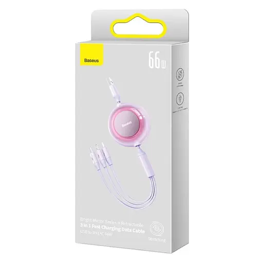 Кабель Baseus Bright Mirror 2 Series Retractable 3 in 1 Fast Charging Data Cable USB to M+L+C 66W 1.1 м Purple - фото 2