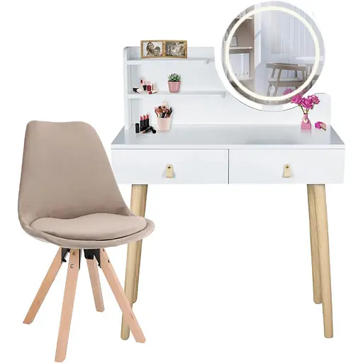 Туалетний столик Jumi Scandi LED + крісло Saida бежевий (шкіряні ручки)