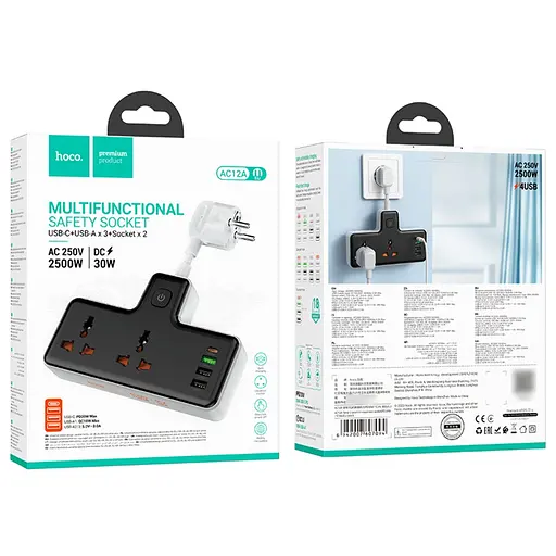 Сетевое зарядное устройство удлинитель Hoco AC12A 3 USB/ Type-C PD 30W 2 розетки 1m черный - фото 5