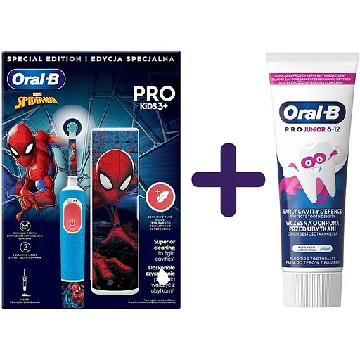 Набір: дитяча електрична зубна щітка Oral-B Pro Kids Людина-Павук з футляром + зубна Паста Oral-B Pro Junior для дітей від 6 до 12 років 75 мл