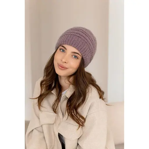 Женская зимняя шапка Венеция из ангоры 80% с двойной вязкой Пыльно Лиловый - фото 1