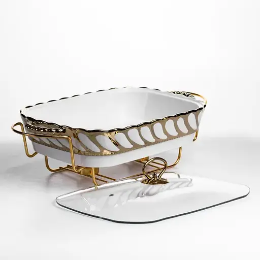 Мармитница фарфоровая Yiwu Tiffany 2 л со стеклянной крышкой на металлической подставке с подогревом 38х30х7 см мармит для первых блюд SG-428-15 - фото 3