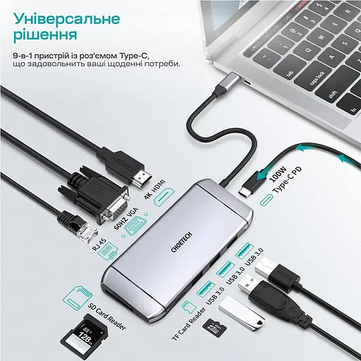USB-C хаб 9-в-1 Choetech M15 HDMI 4K/30Hz, VGA, 3 USB3.0, RJ45, USB-C PD, SD-card, TF-card (43-00153) - фото 4