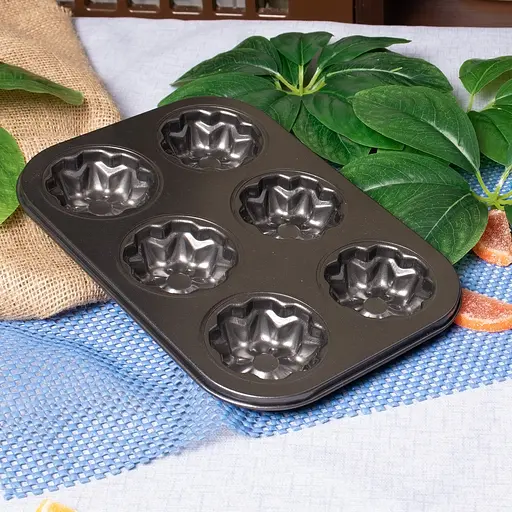 Форма для выпечки кексов и маффинов на 6 ячеек с антипригарным покрытием "Цветы №4" 26.5х18.5х2.8 см, A-plus Черный 85662 - фото 3