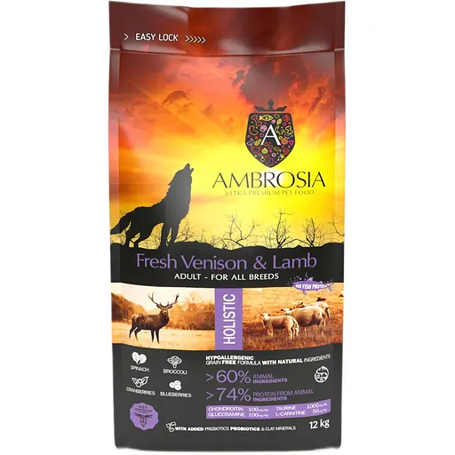 Уцінка. Корм сухий Ambrosia Grain Free Dog Adult Fresh Venison & Lamb для дорослих собак усіх порід зі свіжою олениною та ягням 12 кг
