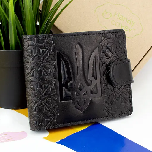 Портмоне мужское кожаное П6-01 (черное) с гербом Украины - фото 1