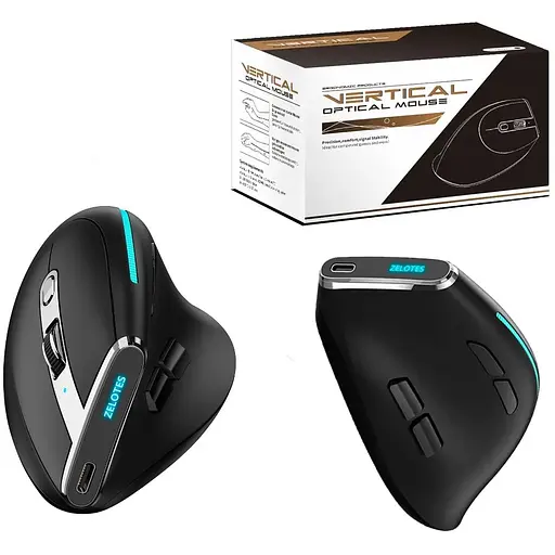 Вертикальна миша бездротова Zelotes F-36 з акумулятором та RGB підсвічуванням 2.4G + Bluetooth Black - фото 7