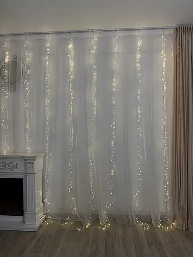 Світлодіодна гірлянда водоспад-штора Роса мішура дощ 3x3 м 900 LED тепле біле світло білий провід з пультом 8 режимів - фото 3