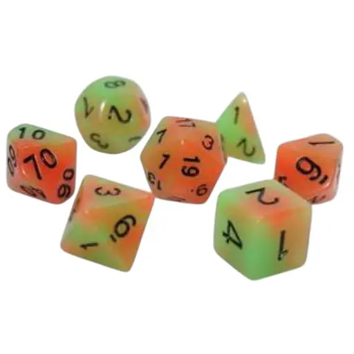 Набір кубиків Double Color Glow in the dark 7 Dice Set - Green-Orange , 7 шт. (g7dglowdc01) - фото 1