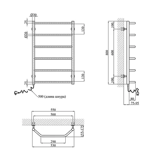 Рушникосушарка електрична Kroner Трапеція ДТ10EL 800x500/6 EL CV023135, Хром, Ліве - фото 2