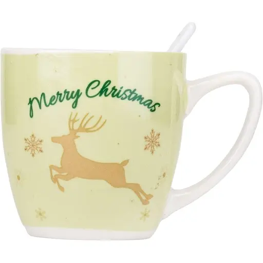 Новорічна чашка Elisey 9150-002 Merry Christmas керамічна з ложкою 175 мл Зелена - фото 1