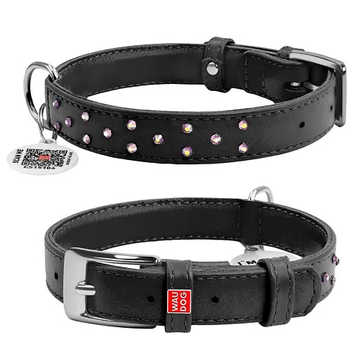 Ошейник для собак кожаный Waudog Glamour с QR-паспортом с клеевыми стразами Ш 20 мм Д 30-39 см черный