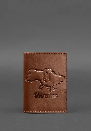Кожаная обложка для паспорта с картой Украины светло-коричневый краст - фото 2