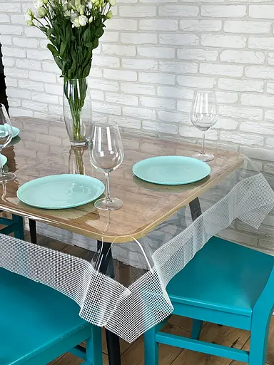 Скатертина силіконова з білою перлинною стрічкою 390х100 см - фото 3