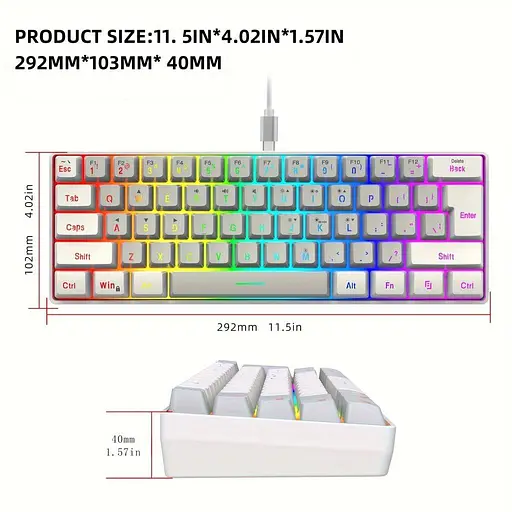 Snpurdiri 60% Проводная Игровая Клавиатура, RGB Подсветка, Компактная 61 Клавиша. Tadvyy, V800 balta ir pilka - фото 4