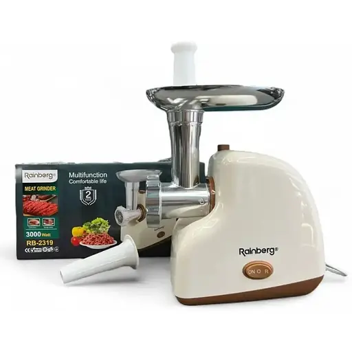 Мясорубка электрическая Rainberg RB-2319 с системой реверса насадка куббе 3000 Вт Бежевый - фото 1
