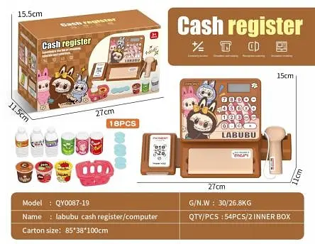 Касовий апарат Labubu, 26x12x15 см, калькулятор, сканер, звук, продукти, гроші, на батарейках, 27x15.5x11.5 см