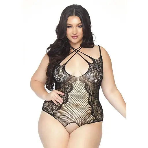Тедді з відкритим доступом Leg Avenue Net and lace SO8609 Black шнурівка XL-2XL