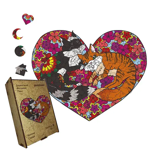 Пазл деревяний Котяче Серце, А3, Деревяна коробка 200 елементів