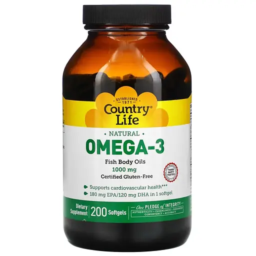 Натуральна Омега 3 Country Life Omega-3 1000 mg Natural, 200 капсул - фото 1