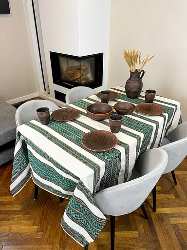 Лляна скатертина великодня з українським орнаментом Рандеву зелений 290х150 см