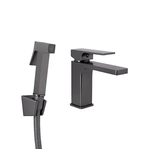 Змішувач з гігієнічною лійкою Qtap Gemini QTGEM272GMB45692 Gunmetal Black PVD, Шліфований чорний хром - фото 1