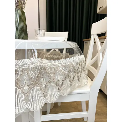 Силиконовая скатерть с бело-кофейным кружевом Ришелье 15см 240х200 см